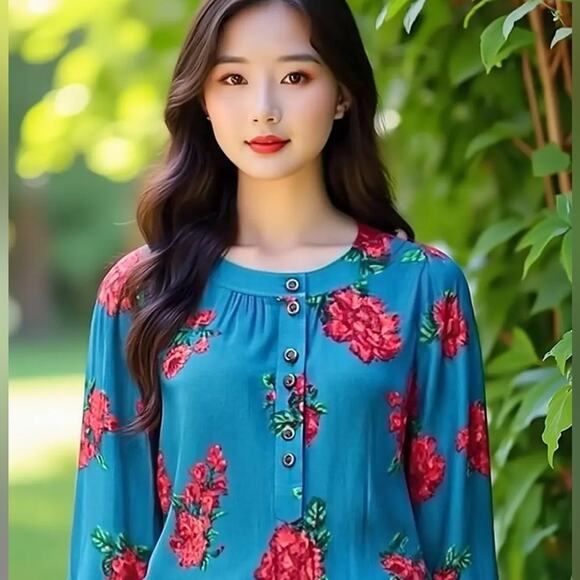 Anthropologie Maeve NWOT Kalas Teal Henley Floral Woven Blouse Size Medium - Picture 2 of 8